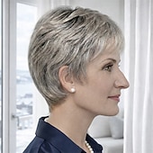 baratos peruca mais velha-Peruca curta e elegante para mulheres - corte pixie loiro suave com camadas delicadas