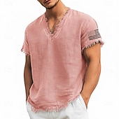 cheap Vacation Tropical T Shirts-Men's American Flag Sleeve Printed Linen Cotton Blend V-Neck T-Shirt Raw Edge Summer USA Patriotic Beach Tee Frayed Soft Fashion Designer Top S-3XL