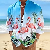 billiga Fåglar &amp; Djur-Herr Flamingo Fågel Palmblad Hawaiiskjortor Aloha skjorta Ståkrageskjorta Långärmad Hawaiisk Strandsemester Sommar Vår Kraghalsband Bandkrage 3D-utskrift Linne som skjorta Blå