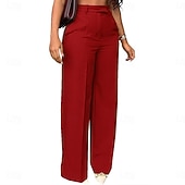 baratos Calças de perna reta-Mulheres Calças Social Elegante Moda Casual Diário Comprimento total Cintura Alta Côr Sólida Tecido Bolsos Perna reta Conforto Macio Respirável Micro-Elástica Streetwear Praia Feriado Cinzento Escuro