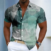 Per uomo Geometrico Colore sfumato Arte astratta Camicia Camicia con Bottoni Manica Corta Moda Casual Quotidiano All'aperto Vacanza Estate Primavera Collo ripiegato Stampa 3D Camicia tipo lino Blu