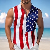  Homme 4 juillet, 250e anniversaire des États-Unis Drapeau américain Chemise Chemise Boutonnée T-shirt sans manches Sans manches Patriotique Fête Été Printemps Col Rabattu Deux poches avant Blanche