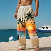 baratos Calça Casual Estampada Masculina-Homens Coqueiro Natureza e Paisagem Plantas Tropicais Calças Calça casual Calças largas Cintura Média Havaiana Ao ar livre Férias Roupa de Praia Cintura elástica com cordão Calças de linho com bolsos