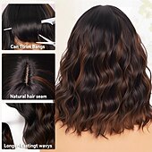 billiga Syntetiska peruker utan hätta-Black Mixed Brown Wig with Bangs Short Wavy Bob Wigs for Women Synthetic Shoulder Length Hair Natural Looking Curly Wig Heat Resistant Hair Replacement Bob Wigs (14 Inch)