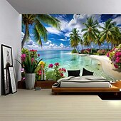 abordables Tapices de pared-Tapiz de pared 3D realista con paisaje natural, cascada y lago azul, bosque de ensueño, montaña y flores. Tapiz colgante para sala de estar, dormitorio, residencia estudiantil, hogar y oficina.