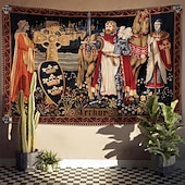 abordables Tapisseries murales-Tapisserie murale médiévale représentant le roi Arthur, un chevalier, avec le texte d'Arthur, une croix celtique et un écu royal. Tissu vintage à suspendre, idéal pour une bibliothèque, un garage