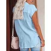 cheap Plain Blouses-Women's Blouse Cotton Shirt Buttons Solid Color Vintage Daily Stylish Short Sleeve Shirt Collar Regular Tops Daily Blue Black White Pink Wine Summer Spring
