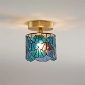 baratos Montagem Embutida &amp; Montagem Semi Embutida-Luminária de teto retrô com vitral azul cilíndrico em vidro com padrão de água, ideal para ilha de cozinha. Luminária de teto vintage ajustável em latão.