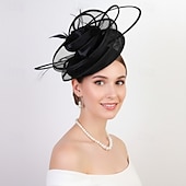 baratos Fascinadores-Fascinadores Sinamay Casamento Aniversário Elegante Vintage Estilo bonito Com Penas Flor Capacete Chapéu