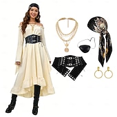 cheap Outfits-Set Medieval Renaissance Dress Headpiece Necklace with Accessories Long Sleeves Pirate Fancy Dress Women's Pirate Halloween Carnival Masquerade Renaissance Fair Retro Theme Party Adults' Dress More