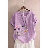  Women's 100% Cotton Blouse Floral Graphic Stylish Cotton Linen Casual Short Sleeve Crew Neck Regular Tops Daily Going out Buttons Print Green Summer Spring