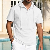 cheap Classic-Men's Shirt Linen Shirt Button Up Shirt Solid Color Casual Beach Black White Navy Blue Khaki Short Sleeve Hoodie Summer Spring Clothing Apparel Buttons