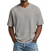 cheap Waffle Knit Tee-Men's Waffle T-shirt T Shirt Short Sleeve Shirt Tee Top Short Sleeve V Neck Summer Spring Solid Color Vintage Streetwear Stylish Raglan Sleeves Daily Outdoor Vacation Blue Army Green Dark Blue Top