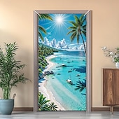 cheap Garage &amp; Door Banners-Scenic Coastal Sea View Sailboat Yacht on Turquoise Water with Rocky Cliff and White Flowers Beach Door Banner Cover Wall Tapestry for Home Interior Wall Decoration Front Door Entryway