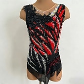 levne dres rytmické gymnastiky-Dámský dívčí dres na rytmickou gymnastiku, černý, s otvorem pro palec, barvení na halo, vysoká elasticita, profesionální soutěžní bruslařské oblečení, krystaly/kamínky, bez rukávů, bruslení na