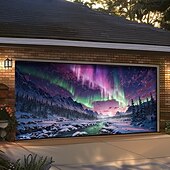 cheap Garage &amp; Door Banners-Northern Lights Aurora Borealis Winter Mountain Snowy Pine Forest Starry Night Sky Frozen River Garage Door Banner Outdoor Wall Decor Holiday Mural Christmas Decoration Backdrop