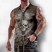 preiswerte Vintage Hemd-Herren Gothic-Horror Kreuz Totenkopfe Hemd Knopfhemd Ärmelloses Shirt Ärmellos Dunkler Gothic-Stil Outdoor Lässig Sommer Frühling Umlegekragen 3D-Druck Zwei Fronttaschen Blau Schwarz Purpur Braun