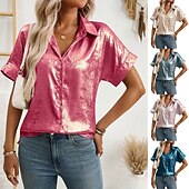ieftine Bluze simple-Pentru femei Cămașă Cămașă de Costum Camașă cu nasturi Bluză Nasturi Culoare solidă Elegant Modă Zilnic Manșon scurt Răsfrânt Topuri obișnuite În aer liber Haine de strada Muncă Roz auriu Verde
