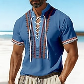 tanie Wzór etniczny-Męskie Wzór geometryczny Etnické Koszula Koszula piracka z sznurowaniem Koszule typu pullover Krótkie rękawy Vintage Retro Codzienne wakacje na plaży Lato Wiosna Kołnierz stawiany Druk 3D