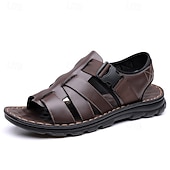 ieftine Sandale de vacanță-Sandale bărbătești din piele maro, model pescar, cu vârful închis și croială deschisă, pantofi de mers casual cu cataramă reglabilă, pentru purtare zilnică, călătorii, timp liber în aer liber, vacanțe de vară și confort smart casual
