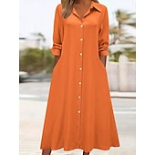 abordables Robe Simple-Femmes Robe Midi Robe Chemise Robe Décontractée Robe trapèze Robe en faux lin Mode Basique Moderne Quotidien Vacances Sortir Coupe régulière Uni manche longue Col de chemise Bleu Noir Vin Orange
