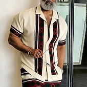 abordables Forme Géométrique-Homme Géométrique Rayé 钻石纹 Chemise Chemise Boutonnée Chemise à col camp Manche Courte Mode Décontractée Vêtements de rue Vacances Été Printemps Col cubain Impression 3D Bleu Kaki clair Vert