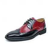 levne Brogue boty-Pánské červeno-černé oxfordské boty s krokodýlím vzorem, šněrovací lakované kožené společenské boty, módní společenská obuv na svatby, bankety, večírky, maturitní plesy, divadelní vystoupení a výrazné večerní nošení.