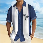 cheap Tropical Plants-Men's Coconut Tree Striped Tropical Plants Summer Hawaiian Shirt Button Up Shirt Aloha Shirt Short Sleeve Hawaiian Vacation Summer Spring Turndown 3D Print Collared Shirts Front One Pocket Blue Red