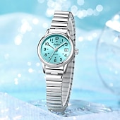 abordables Montres à quartz-Montre femme facile à lire, à quartz, avec bracelet extensible en acier inoxydable, cadran bleu turquoise avec affichage de la date, étanche, élégante et décontractée, idéale comme cadeau pour femme