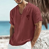preiswerte Camisetas tropicales de vacaciones-Herren-T-Shirt mit kleinem Palmenprint aus Leinen-Baumwoll-Mischgewebe, V-Ausschnitt, offene Kanten, altrosa, sommerliches Strandurlaubs-Shirt mit Fransen, weiches Designer-Top, Größen S-3XL