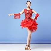 cheap Practice Dresses-Women's Red Sleeveless Sequin Latin Performance Dress