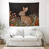 cheap Wall Tapestries-Easter Cute Bunnies Playing Violin Spring Garden Colorful Eggs Basket Flowers Oil Painting Style Wall Tapestry Wall Hanging Living Room Kids Bedroom Home Decor Party Backdrop