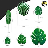 levne Umělé rostliny a zeleň-108 kusů palmových listů, umělých tropických monster - 6 druhů, velkých, malých, zelených, umělých palmových listů se stonky pro safari, džungli, havajskou luau, párty, dekoraci stolu, svatební,