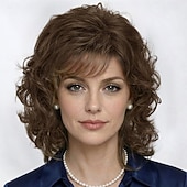 abordables perruque plus âgée-Perruque bouclée élégante pour femme - brun riche avec frange douce