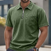 abordables Polo classique pour homme-Homme Polo Chemise 100% coton délavée à l'acide Occasionnel Tenue quotidienne Zip quart Manche Courte ancien Basique Uni Avec Poches Affligé Été Coupe régulière Vert Armée Noir Rose Claire bleu