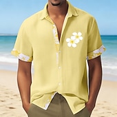 cheap Floral Print-Men's Floral Print Tropical Flowers Summer Hawaiian Shirt Button Up Shirt Aloha Shirt Short Sleeve Hawaiian Vacation Holiday Beach Wear Summer Spring Turndown 3D Print Linen Like Shirt Blue Yellow