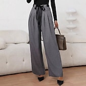 preiswerte Gerade geschnittene Hose-Damen Hose Anzughose Elegant Vintage Mode Volle Länge Hohe Taille Einfarbig Einfach Kordelzug Tasche Gerader Schnitt Komfort Warm Weich Mikroelastisch Streetwear Büro Arbeit Grau Schwarz Sommer