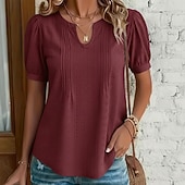 billiga Kostymblusar-Dam Skjorta Pointelle-skjorta Ögonlock Blus Ögla Slät Stylish Klassisk Modern Kortärmad V-hals Vanliga toppar Ledigt Dagligen Strand Vit Vin Marinblå Ros rosa Sommar Vår