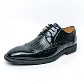 levne Brogue boty-Pánské červeno-černé oxfordské boty s krokodýlím vzorem, šněrovací lakované kožené společenské boty, módní společenská obuv na svatby, bankety, večírky, maturitní plesy, divadelní vystoupení a výrazné večerní nošení.