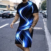 billige T-skjorter med trykk for menn-Herre Geometrisk Linje 2stk T-skjorter sett Sommertopper Kortermet Korte bukser Crew-hals Sport Fritid trendy Daglig Feriereise Ut på byen 3D-utskrift Sommer Blå Hvit Lilla