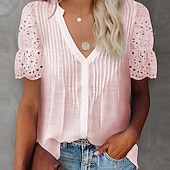 Χαμηλού Κόστους Απλές μπλούζες-Γυναικείο T-shirt 100% βαμβακερό Μπλουζάκι Casual Κουμπωτό Μπλουζάκι Μπλούζα Ραφές Patchwork Eyelet Solid Χρώμα Διακοπών Μόδας Καθημερινά Κοντομάνικα V Λαιμόκοψη Πόλο Κανονικά Μπλούζες Καθημερινές