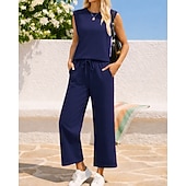 abordables Survêtements-Femmes Ensembles de survêtements à enfiler Survêtement 2 pièces Tenues de détente Cordon de serrage avec poche Couleur Unie Ensemble de vêtements de sport Été Printemps Bleu marine Noir Entraînement