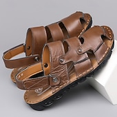 abordables Sandalias casuales-Sandalias de cuero negras con correa ajustable para hombre: transpirables, ligeras, cómodas para exteriores y uso informal de verano.