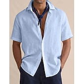cheap Classic-Men's Shirt Linen Shirt Button Up Shirt Solid Color Vacation Street Black White Yellow Light Green Short Sleeve Shirt Collar Summer Spring Clothing Apparel Buttons