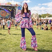 abordables Conjuntos-Conjunto Retro Antiguo Años 70 Blusa / Falda Pantalones Larga Floral Psicodélico Disfraz Mujer Víspera de Todos los Santos Carnaval Festival de Música Fiesta temática retro Adulto Blusas Pantalones