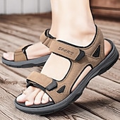 billige Uformelle sandaler-Beige herresandaler med åpen tå og borrelås – polstret såle, pustende design, perfekt for strand, feriested og fritidsbruk om sommeren.