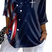 billiga Självständighetsdagen Topp-American Independence Day Women's Shirt Blouse Patchwork Buttons Vintage Stylish Classic Half Sleeve V Neck Regular Tops Daily Holiday Going out Navy Blue Summer Spring