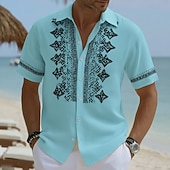 baratos Padrão étnico-Men's Geometric Pattern Ethnic Shirt Button Up Shirt Short Sleeve Vintage Retro Daily Outdoor Vacation Summer Spring Turndown 3D Print Linen Like Shirt Blue Yellow Sky Blue Purple Khaki
