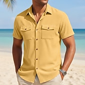 cheap Men's Work Shirts-Men's Shirt Casual Shirt Corduroy Shirt Button Up Shirt Black White Yellow Navy Blue Brown Short Sleeve Solid Color Plain Textured Shirt Collar Casual Daily Front Pocket Clothing Apparel Elegant