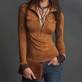 abordables Blusas Sencillas-Mujer Camisa Blusa Cremallera Plano Clásico Retro Antiguo Moderno Manga Larga Escote Chino Tops regulares Diario Festivos Noche Verde Ejército Marrón claro Marrón Verano Primavera